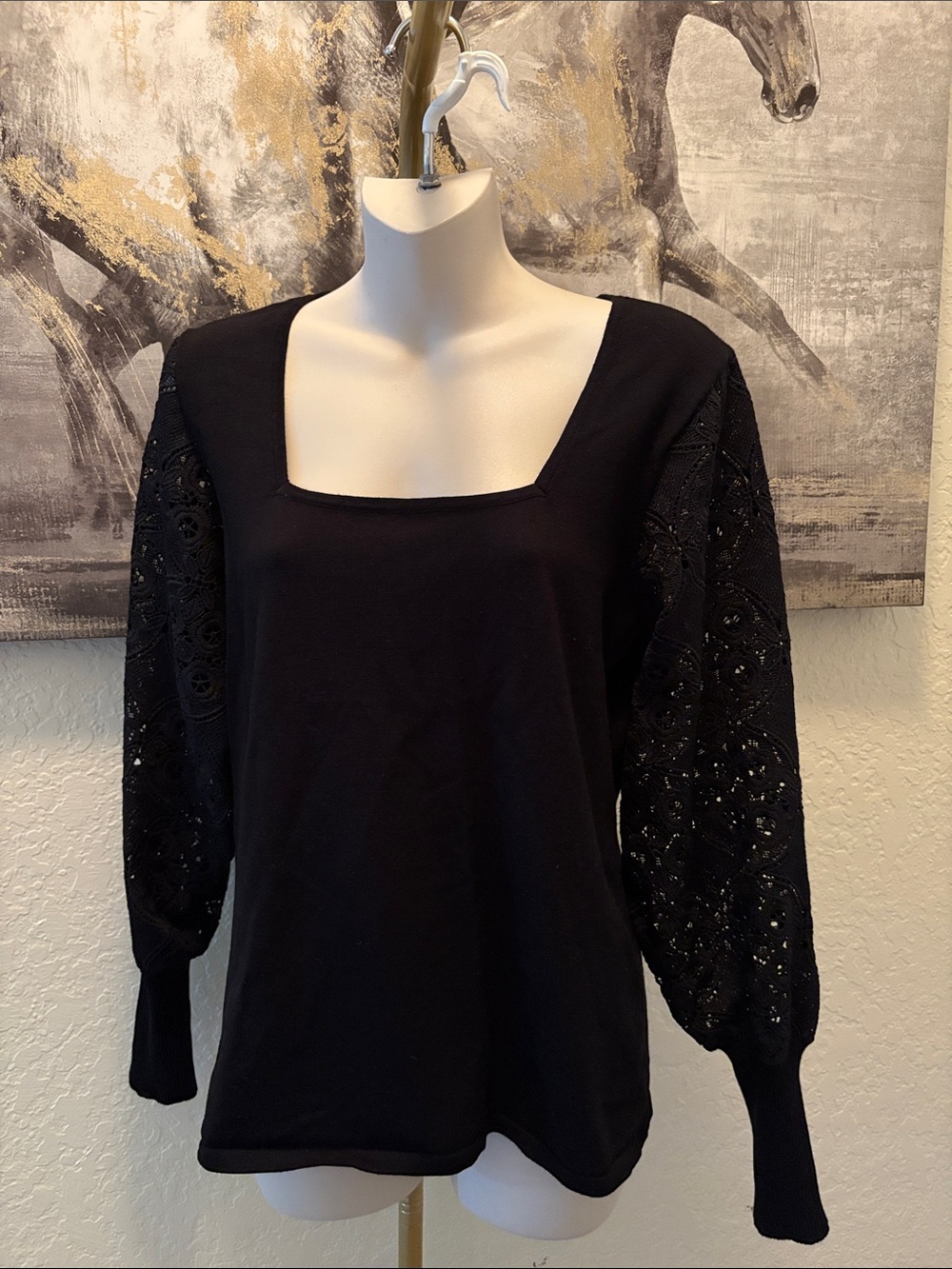 Black Square Neck Lace Sleeve Top